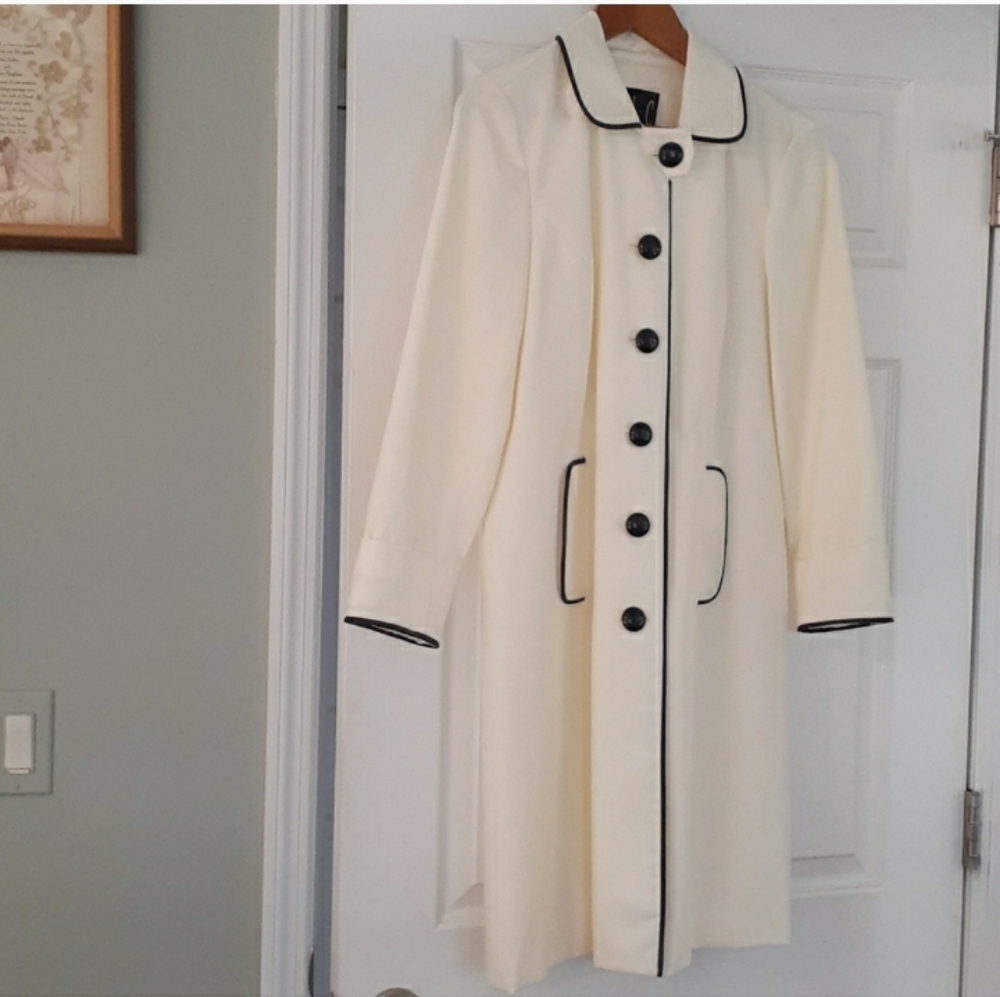 INC International Concepts Ivory Trench Coat Black Piping Button Front Medium - Picture 1 of 10